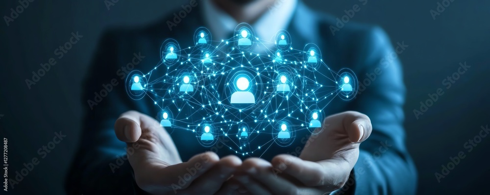 Poster CRM concept with customer data analytics, businessman interacting with customer icon, digital marketing database system, efficient business management
