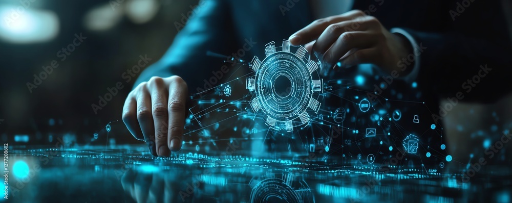 Poster Data transfer between applications with RPA technology, businessman interacting with gears icon, digital business network visualization