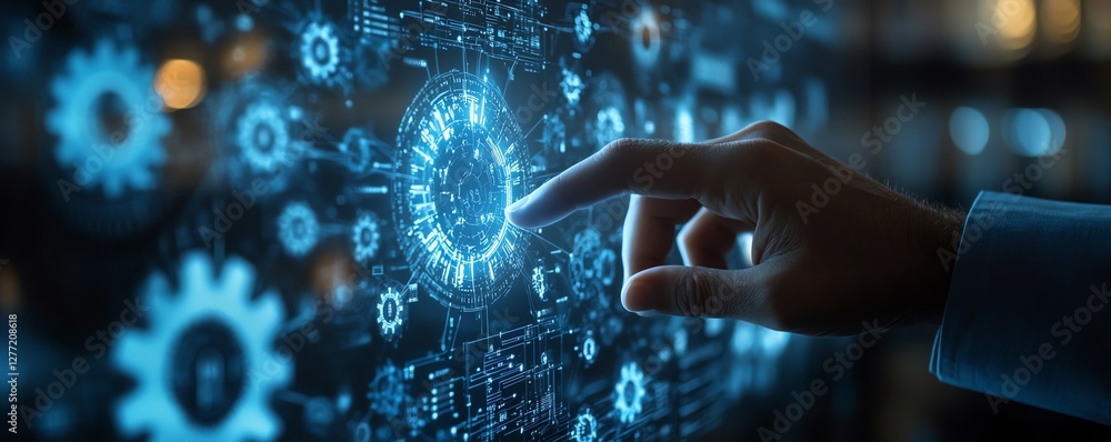 Poster Data transfer between applications with RPA technology, businessman interacting with gears icon, digital business network visualization