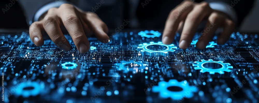 Leinwandbilder Data transfer between applications with RPA technology, businessman interacting with gears icon, digital business network visualization