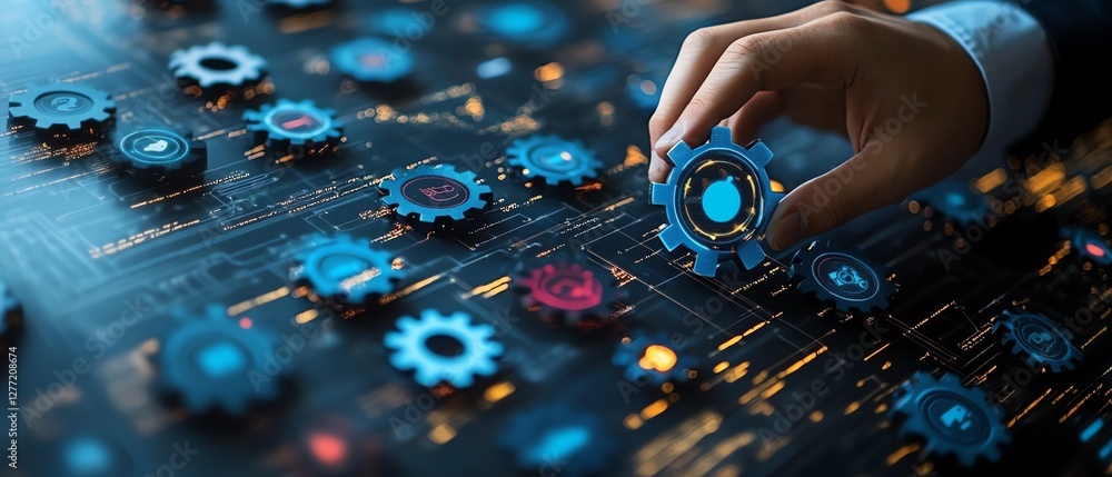 Leinwandbilder digital transformation of business using rpa, businessman controlling gear icons to streamline data 