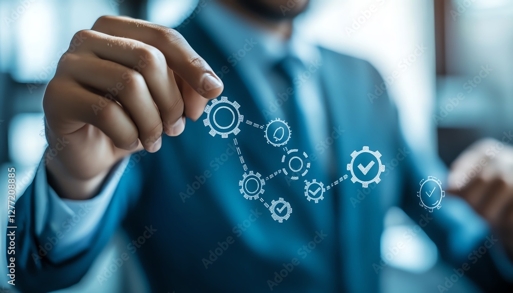 Fototapete Flowchart representing business process automation, businessman interacting with checkmark and gears icons for seamless workflow management