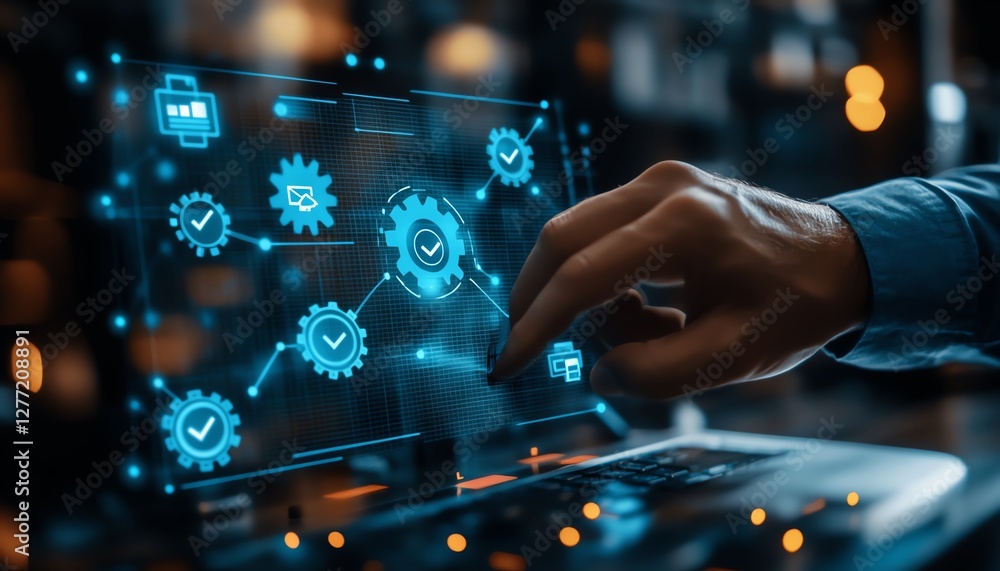 Fototapete Flowchart representing business process automation, businessman interacting with checkmark and gears icons for seamless workflow management