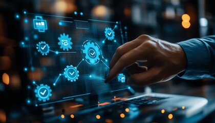 Fototapeta premium Flowchart representing business process automation, businessman interacting with checkmark and gears icons for seamless workflow management