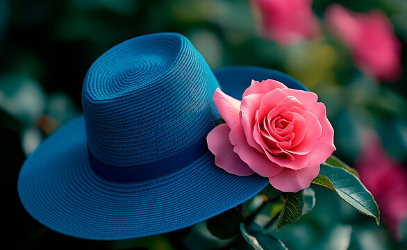 Elegant blue hat hanging on pink rose bush in summer garden