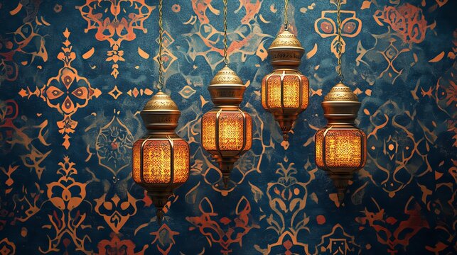 Glowing Ramadan Kareem Lanterns: Festive Islamic Holiday Design. Perfect for greeting cards, social media posts, websites, and more! Celebrate the    