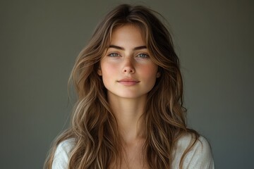Fototapeta premium Portrait of a Beautiful Young Woman with Long Wavy Brown Hair and a Serene Smile in Soft Natural Lighting
