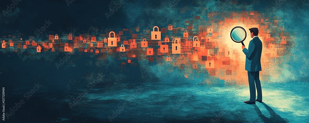 Poster a business professional inspecting padlock icons with a magnifying glass