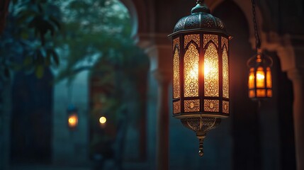 Elegant Ramadan Kareem Poster Background: Intricate Islamic patterns, glowing crescent moon, stars, and festive lanterns create a beautiful and       