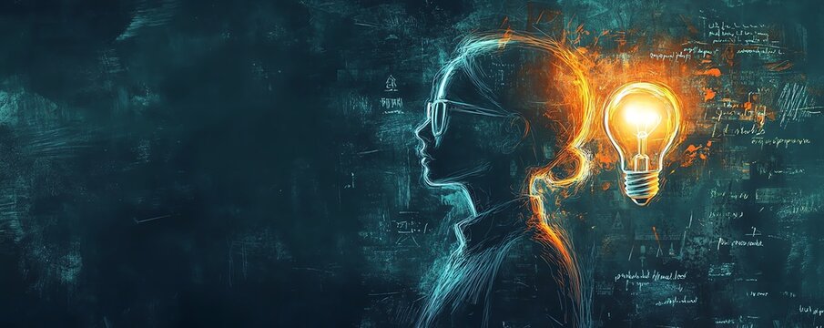 A chalkboard illustration featuring a head silhouette and a glowing lightbulb, representing knowledge, inspiration, and the spark of creativity