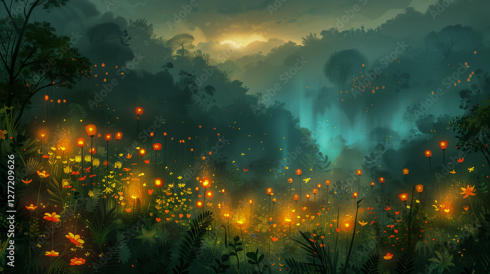 Poster magical glowing lanterns in enchanted forest..