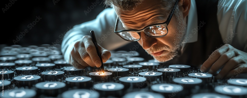 Poster A conceptual image of a system engineer with a magnifying glass examining padlock icons on a secure business network, reflecting information security technology