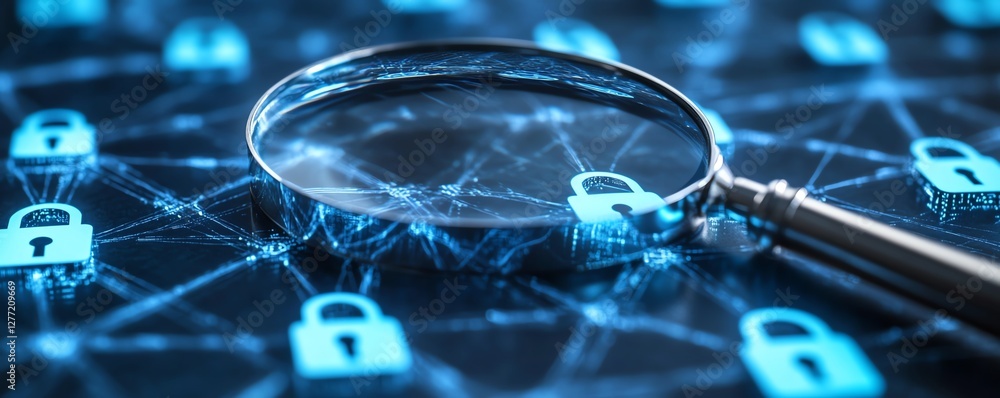 Aufkleber A conceptual image of a system engineer with a magnifying glass examining padlock icons on a secure business network, reflecting information security technology