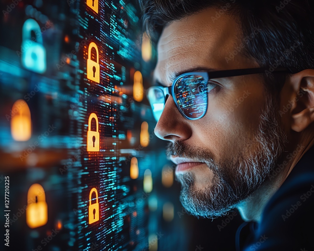 Poster A system engineer analyzing glowing padlock icons on a hightech computer interface, symbolizing the importance of information security and secure networks in business