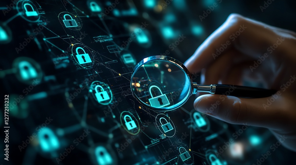 Poster A system engineer inspecting padlock icons on a secure business network interface with a magnifying glass, emphasizing information security technology and network protection