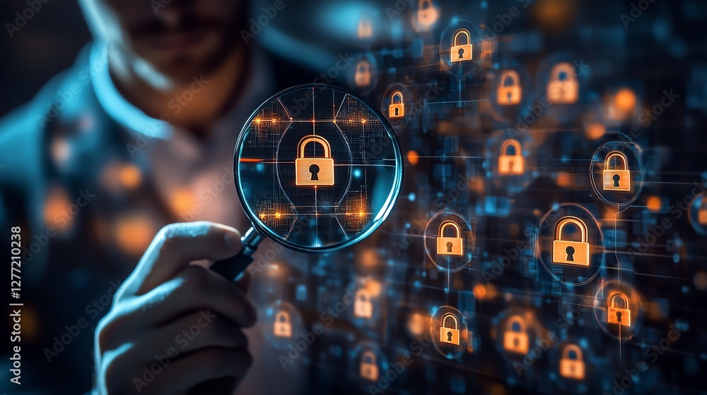 Fototapete A system engineer inspecting padlock icons on a secure business network interface with a magnifying glass, emphasizing information security technology and network protection