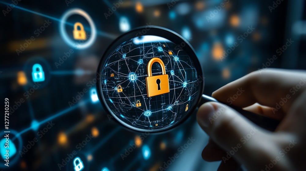 Fototapete A system engineer inspecting padlock icons on a secure business network interface with a magnifying glass, emphasizing information security technology and network protection