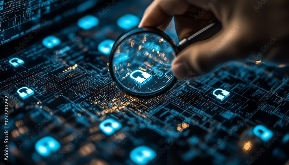 Poster A system engineer using a magnifying glass to analyze padlock icons on a secure computer network, symbolizing information security technology in business