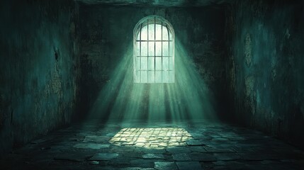 Obraz premium Hyper-realistic 3D rendering of a dark atmospheric prison cell interior with dramatic light and shadows