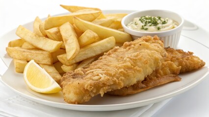 Fried Fish and Chips with Tartar Sauce and Lemon