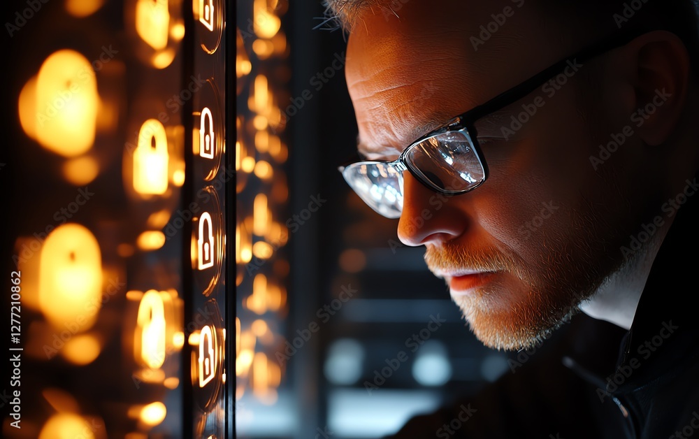 Poster Concept image of a system engineer carefully inspecting padlock icons on a digital screen, representing secure internet networks and information security in business