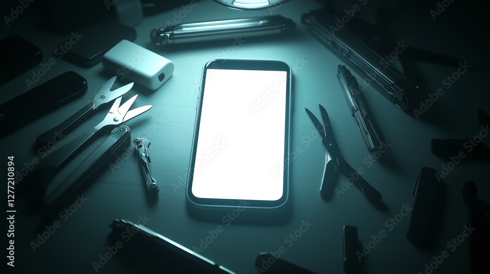 Poster glowing smartphone surrounded by tools in dark lighting, symbolizing cybersecurity, digital vulnerab