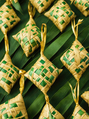 A close-up of beautifully woven ketupat, traditional Indonesian rice cakes wrapped in intricate palm leaves. The golden-yellow and green hues create a festive and cultural aesthetic.