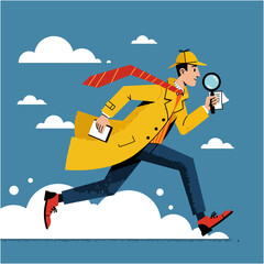 Detective Running with Magnifying Glass in Cloudy Sky Illustration Style