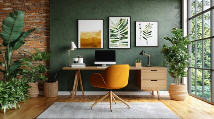 Modern home office with plants, desk, chair, and artwork.
