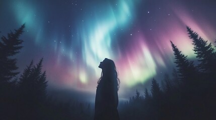 silhouette of a person gazing up at the aurora borealis, surrounded by silhouetted trees against a vibrant, colorful night sky.