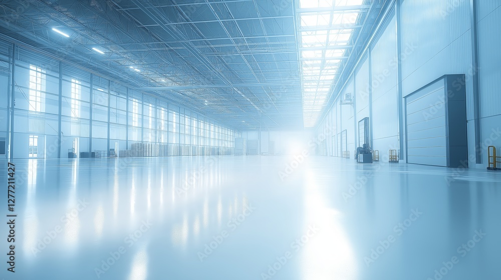 Poster expansive empty warehouse with bright lighting, showcasing modern industrial architecture, spacious 