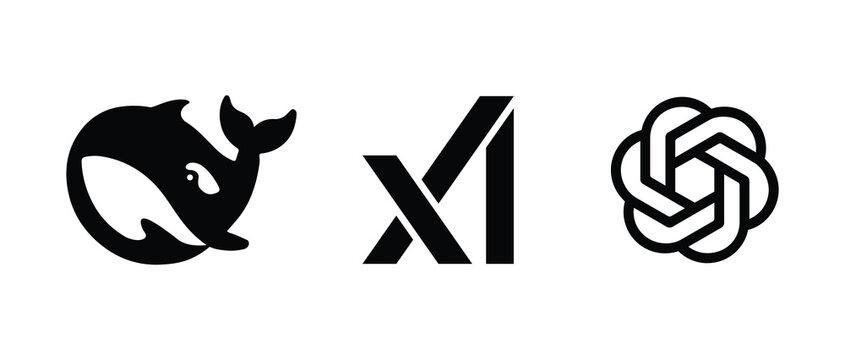 Grok AI logo, DeepSeek AI, and ChatGPT icon, cutting-edge artificial intelligence models, isolated on white background, futuristic chatbot technology, advanced machine learning, high-resolution vector