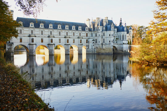 CHENONCEAU, FRANCE - NOVEMBER 6, 2021: Aerial drone view of French Castle of Chenonceau and its gardens on Cher River, France