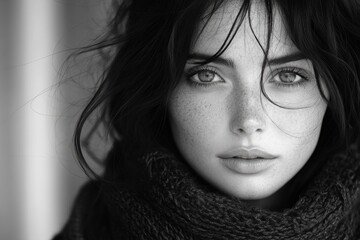 Fototapeta premium Thoughtful young beautiful girl with soft focus hair in black and white portrait looking to the side