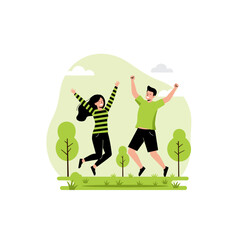 Couple Jumping in Park Celebrating Success and Happiness Together