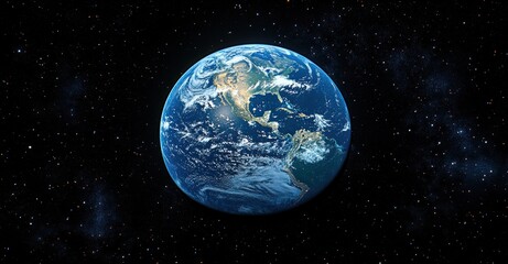 Naklejka premium Breathtaking View of Earth from Space Hyper-Realistic Illustration with Starry Background High-Angle Perspective