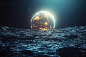 Earth View from Moon Surface Surrealism with Vibrant Colors and Ethereal Lighting Effects