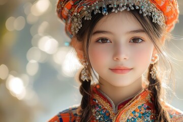 Girl in Colorful Traditional Dress Smiling Outdoors in Nature Showing Heart Gesture