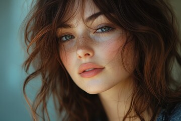 Naklejka premium Closeup portrait of beautiful brunette woman smiling confidently with healthy skin and elegant hairstyle in soft natural lighting