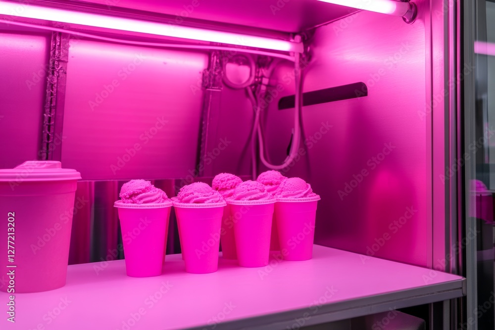 Poster row of pink cups with frosting on them are on a shelf