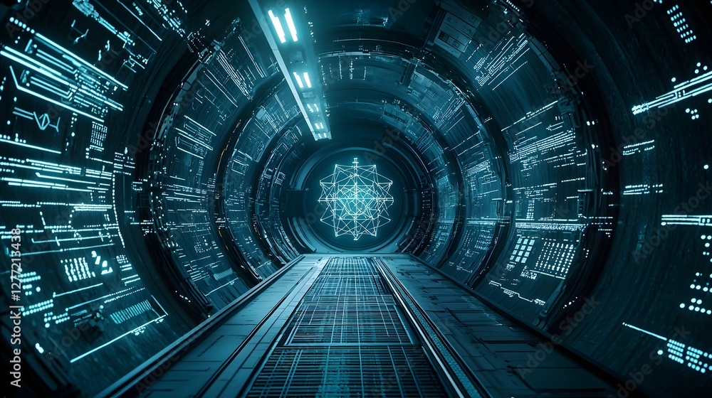 Fototapete a visually striking and futuristic deep space tunnel with glowing geometric patterns intricate digit