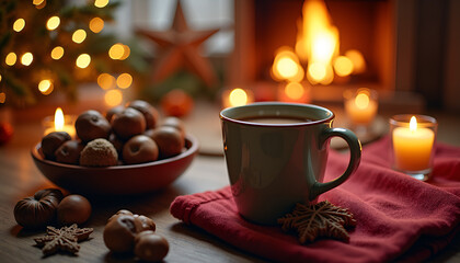 Warm cup of cocoa with candles and Christmas decorations, Chestnuts in bowl, Mid-Autumn Festival   