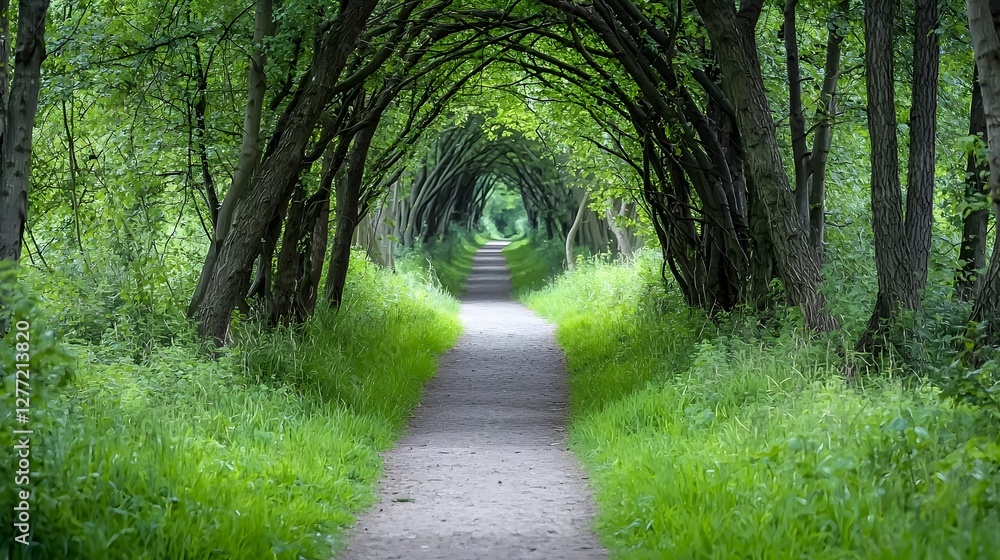Aufkleber Enchanting forest pathway tunnel covered by a canopy of intertwined tree branches creating a serene and captivating natural passage  The lush verdant foliage and warm