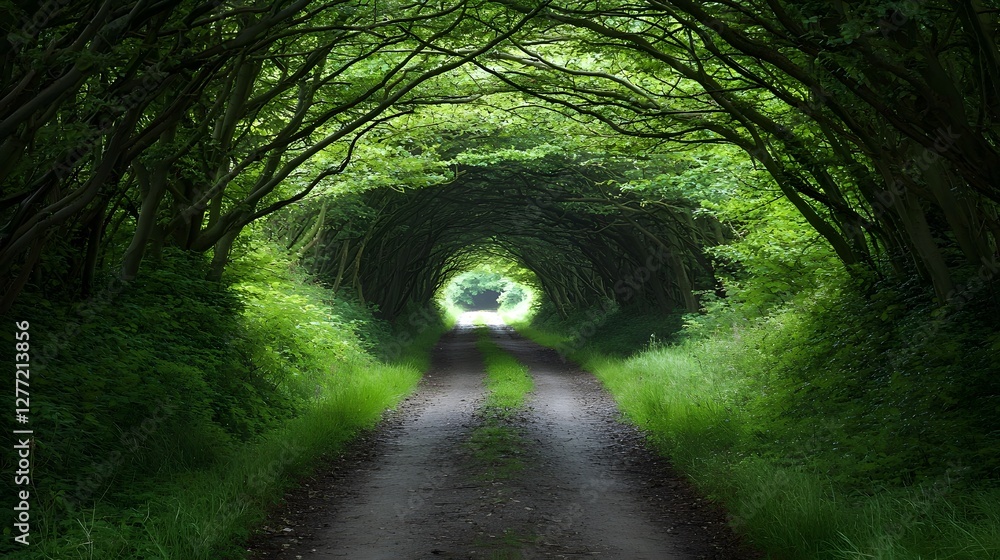 Poster Enchanting forest pathway tunnel covered by a lush canopy of intertwined reaching tree branches creating a magical mystical atmosphere  Tranquil serene natural landscape scene inviting and discovery