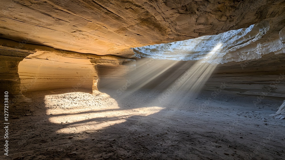Poster Dramatic and serene view of a limestone tunnel formed by natural erosion with sunlight beams filtering through the opening and illuminating the interior in a mesmerizing mystical way