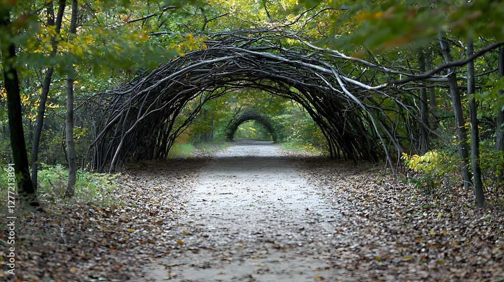 Poster Enchanting forest pathway tunnel covered in a canopy of intertwined tree branches creating a magical and mystical atmosphere  The winding