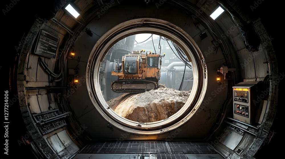 Poster interior view of a massive tunnel boring machine carving its way through solid rock showcasing the i