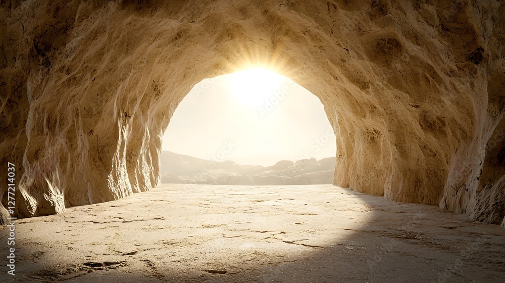 Aufkleber natural limestone tunnel formed by years of erosion with sunlight dramatically filtering through the arched opening creating a moody and ethereal atmosphere in this captivating geological wonder