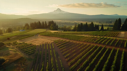 Fototapeta premium Sunset Over a Mountainous Vineyard - Stunning Countryside Aerial View