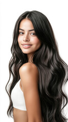 Naklejka premium Portrait of a smiling woman with long shiny healthy hair in studio setting